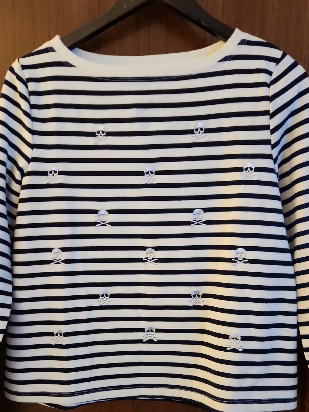 Betsey Johnson Embroidered Skull & Crossbones Striped Light Sweat Shirt